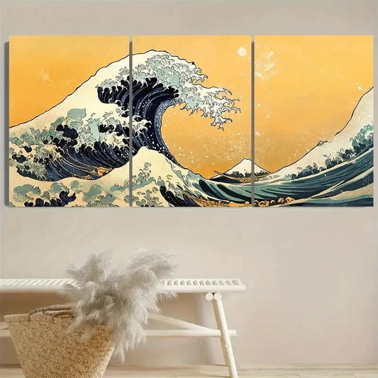 3pcs Vintage Japanese Wave Art Wall Art Set Canvas Framed 50x70cm - High Quality Print 100% Australian Made Wall Canvas Ready to Hang