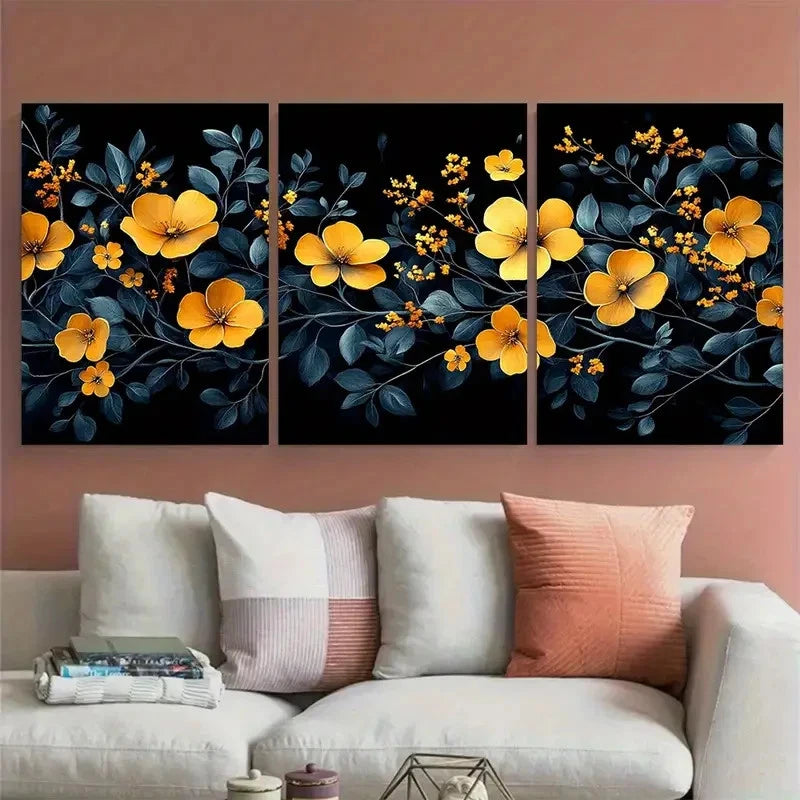 3pcs Modern Black and Yellow Floral Geometric Wall Art Set Canvas Framed 40x60cm - High Quality Print 100% Australian Made Wall Canvas Ready to Hang - Bella Home Decor