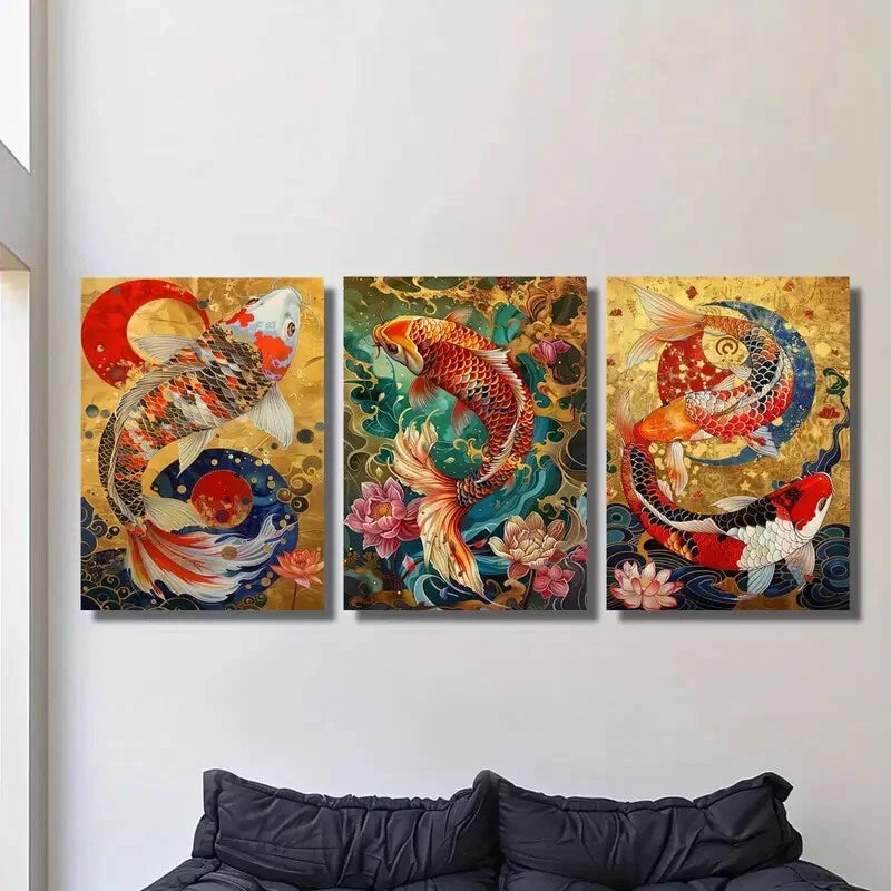 3pcs Vibrant Koi Fish Colorful Metal Print Ready to Hang Art - Bella Home Decor