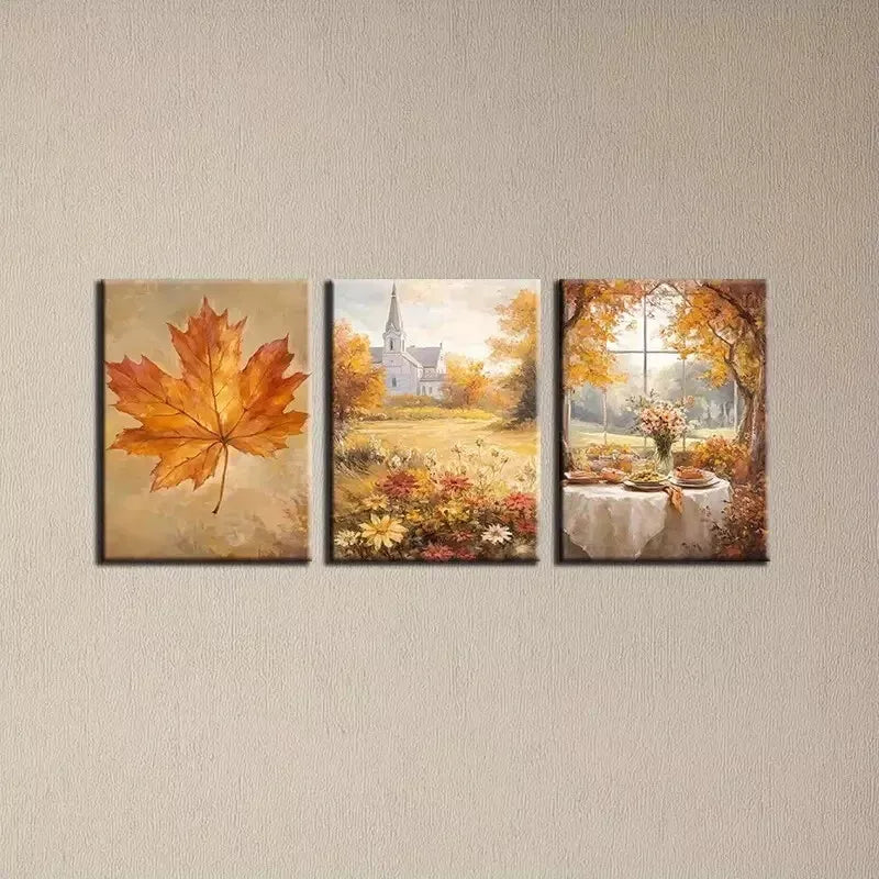 3pcs Beautiful Autumn Town with Dry Leaves Art Set Canvas Framed 50x70cm - High Quality Print 100% Australian Made Wall Canvas Ready to Hang