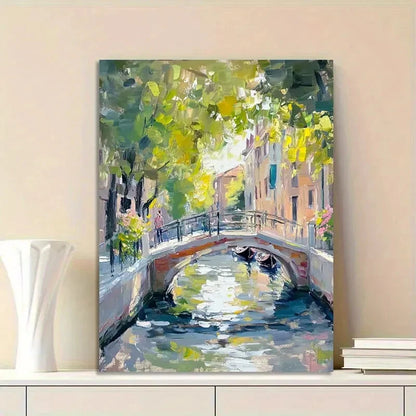 Venice Canal, A Small Bridge with Flowers Painting 40x60cm Metal Print Ready to Hang - Bella Home Decor