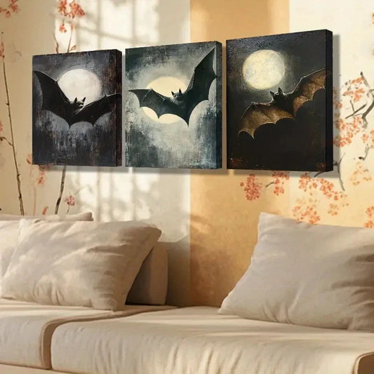 3pcs Bat Design, Moonlit Sky BM Wall Art Canvas Framed 60x90cm - High Quality Print 100% Australian Made Wall Canvas Ready to Hang