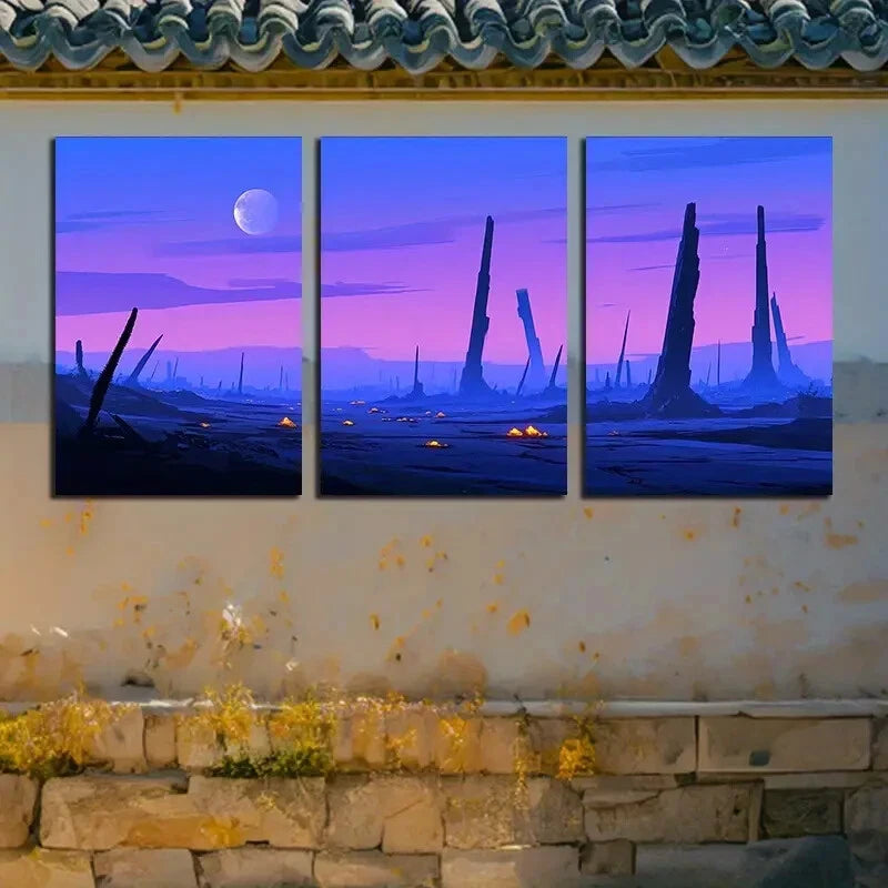 3pcs Vibrant Purple Planet Ruins Theme Metal Print Ready to Hang Art - Bella Home Decor