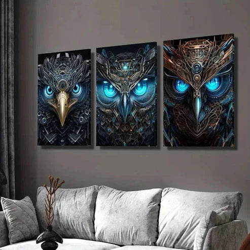 3pcs Abstract Retro Owl Mechanical Wildlife Wall Art Set Canvas Unframed - High Quality Print 100% Australian Made Wall Canvas - Bella Home Decor