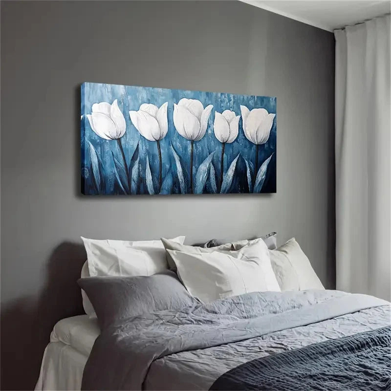 White Tulips Blooming On Blue Wall Art Canvas Office Home Room Framed 120x60cm