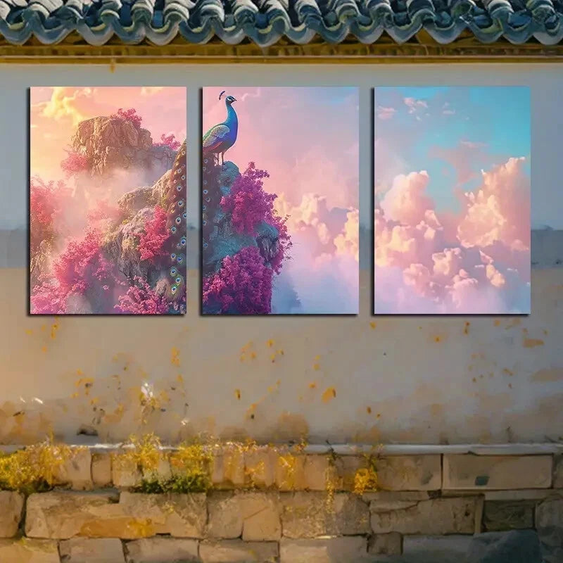 3pcs Vibrant Peacock on Blossoming Tree Metal Print Ready to Hang Art - Bella Home Decor