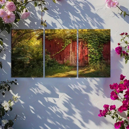 3pcs Old Red Wooden Cabin Covered in Vines Metal Print Ready to Hang Art