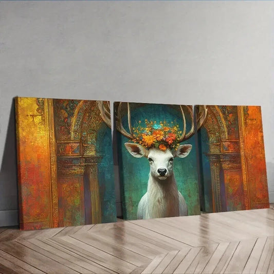 3pcs A white deer with flowers on its head Wall Art Set Canvas Framed 50x70cm - High Quality Print 100% Australian Made Wall Canvas Ready to Hang
