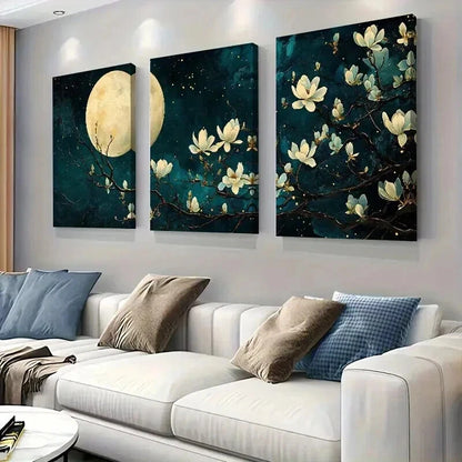 3pcs Dark Teal And Golden Botanical Decor Wall Art Set Canvas Framed 40x60cm - High Quality Print 100% Australian Made Wall Canvas Ready to Hang - Bella Home Decor