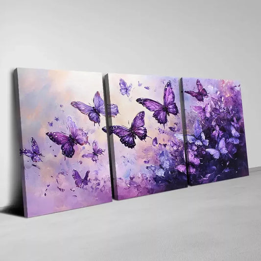3pcs Beautiful Purple and Pink Butterfly Wall Art Set Canvas Framed 40x60cm - High Quality Print 100% Australian Made Wall Canvas Ready to Hang