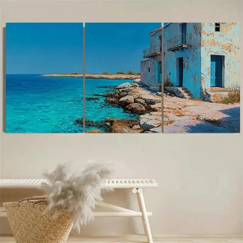 3pcs Seaside Coastal Turquoise Water, Cyprian Wall Art Set Canvas Framed 40x60cm - High Quality Print 100% Australian Made Wall Canvas Ready to Hang