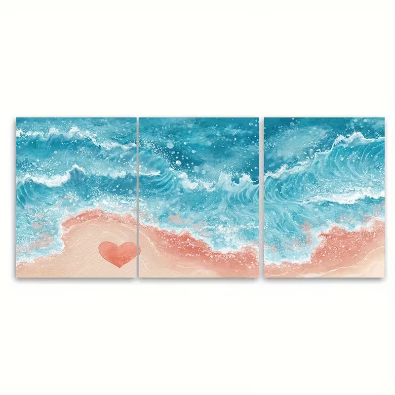 3pcs Beach Scene with Heart & Ocean Waves Metal Print Ready to Hang Art - Bella Home Decor