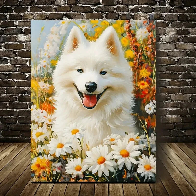 Cute Samoyed Dog with Vibrant Flowers Painting 40x60cm Metal Print Ready to Hang - Bella Home Decor