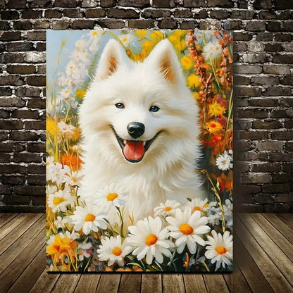 Cute Samoyed Dog with Vibrant Flowers Painting 40x60cm Metal Print Ready to Hang - Bella Home Decor