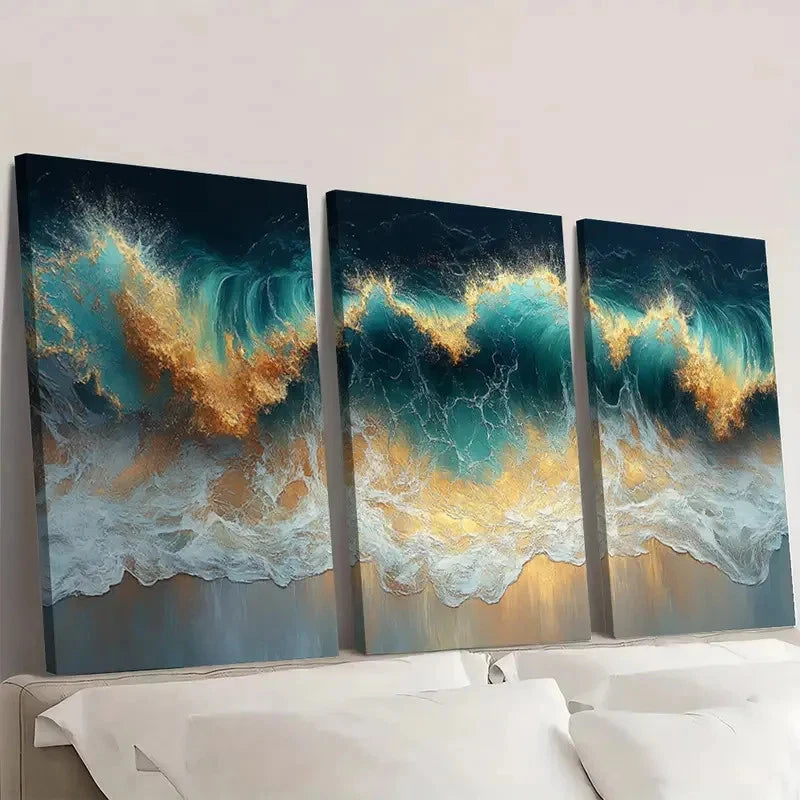 3pcs Ocean Waves Trippy Abstract Chakra  JK Wall Art Set Canvas Framed 60x90cm - High Quality Print 100% Australian Made Wall Canvas Ready to Hang