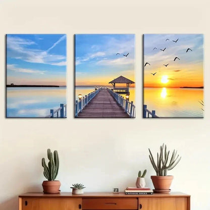 3pcs Bridge By The Seaside And A Sunset Perfect Wall Art Set Canvas Framed 60x90cm - High Quality Print 100% Australian Made Wall Canvas Ready to Hang - Bella Home Decor