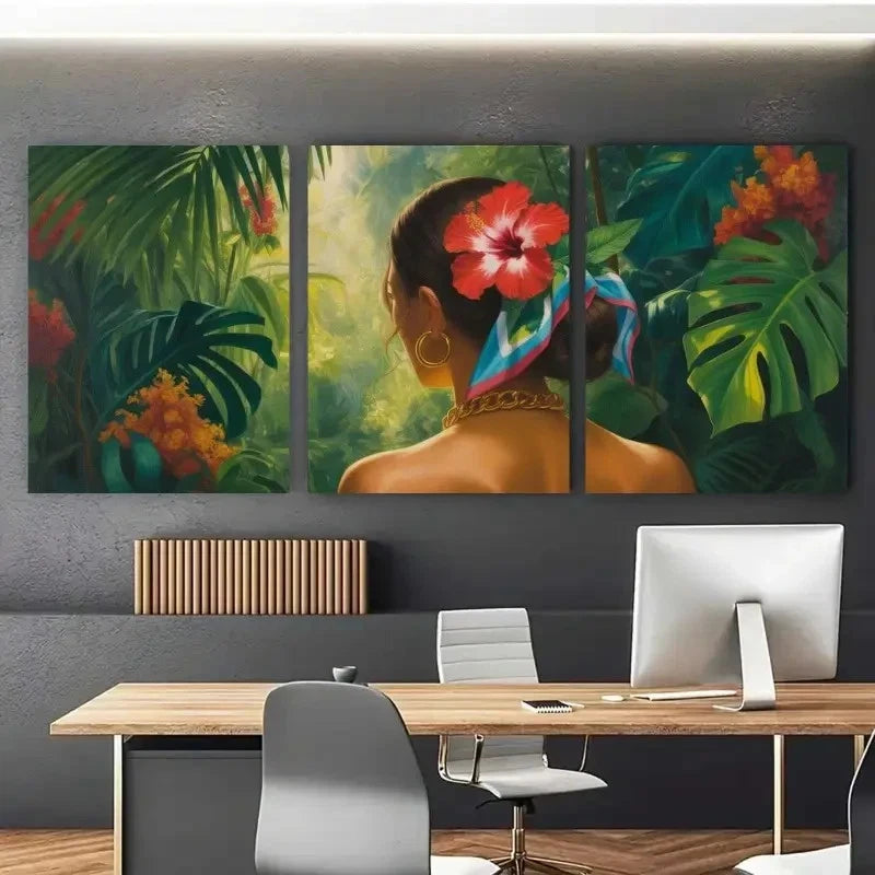 3pcs Tropical Woman Hair & Jewelry   Wall Art Set Canvas Framed 60x90cm - High Quality Print 100% Australian Made Wall Canvas Ready to Hang