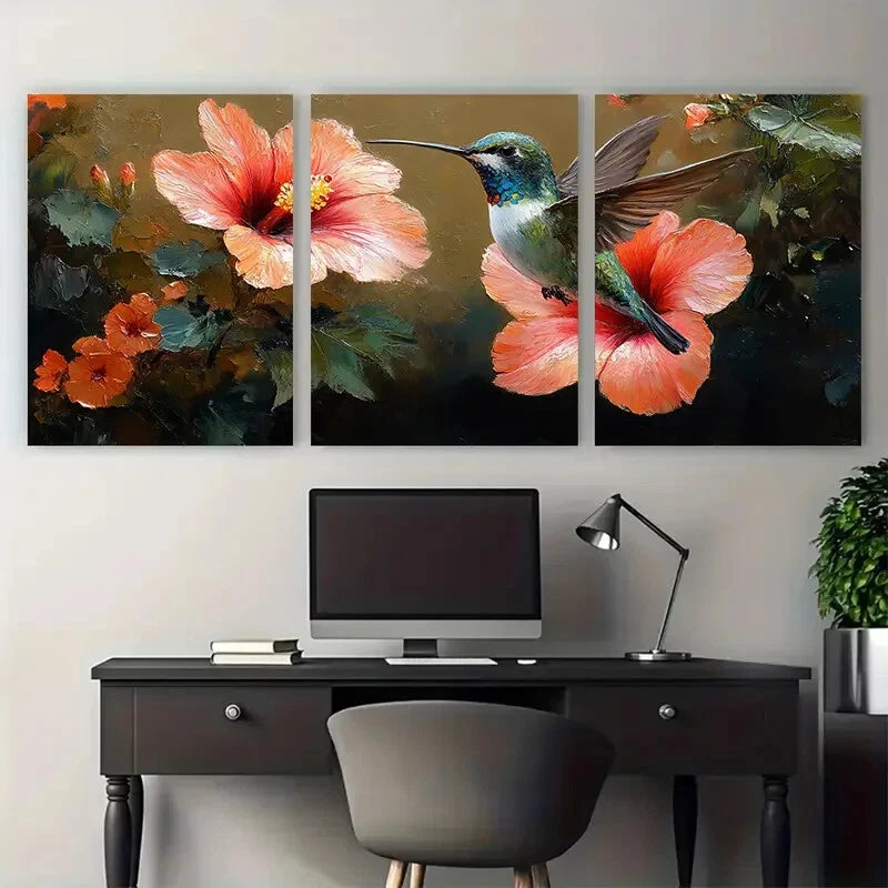 3pcs Hibiscus Floral with Hummingbird Design Metal Print Ready to Hang Art - Bella Home Decor