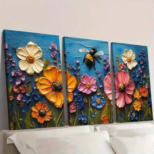 3pcs Bee Original Art Flower BO Wall Art Set Canvas Framed 40x60cm - High Quality Print 100% Australian Made Wall Canvas Ready to Hang