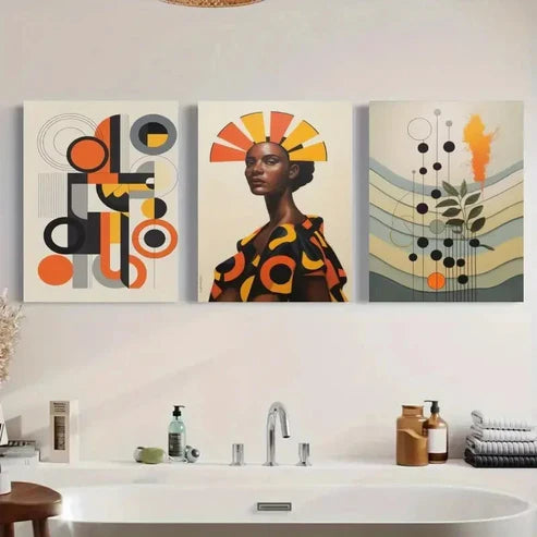 3pcs Abstract Painting with Bold Orange, Black Wall Art Canvas Unframed - High Quality Print 100% Australian Made Wall Canvas - Bella Home Decor