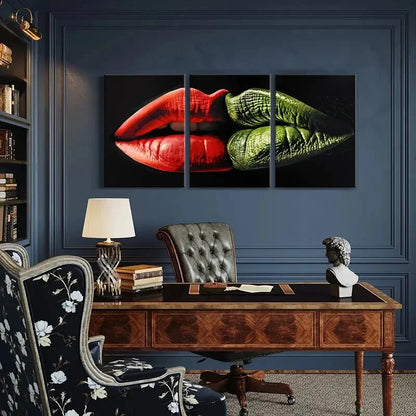 3pcs Red Lips Abstract Art Contrast Colors Metal Print Ready to Hang Art - Bella Home Decor