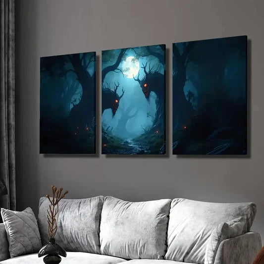 3pcs Gothic Horror Decor with Glowing Eyes Wall Art Set Canvas Framed 50x70cm - High Quality Print 100% Australian Made Wall Canvas Ready to Hang