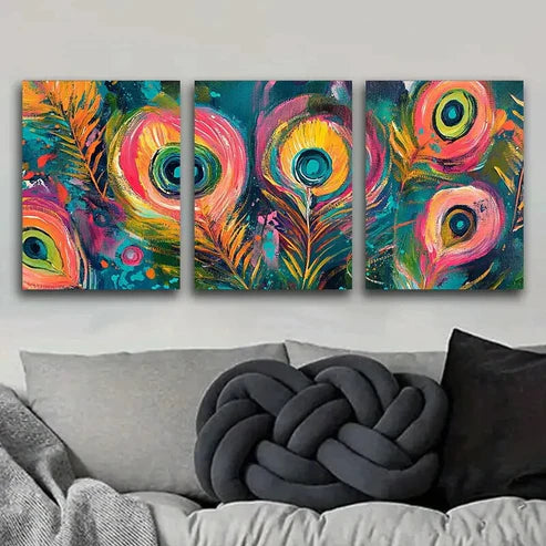 3pcs Peacock Feather Design Colorful Bright Wall Art Set Canvas Unframed - High Quality Print 100% Australian Made Wall Canvas