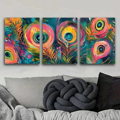 3pcs Peacock Feather Design Colorful Bright Wall Art Set Canvas Unframed - High Quality Print 100% Australian Made Wall Canvas