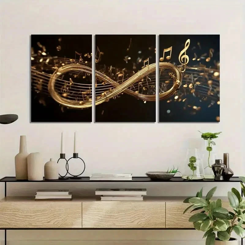 3pcs Golden Musical Notes Flowing Around Infinity Metal Print Ready to Hang Art - Bella Home Decor