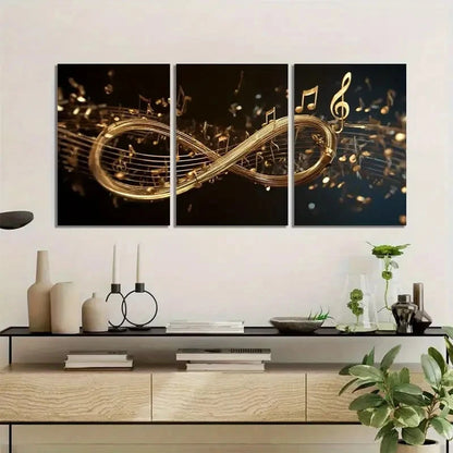 3pcs Golden Musical Notes Flowing Around Infinity Metal Print Ready to Hang Art - Bella Home Decor