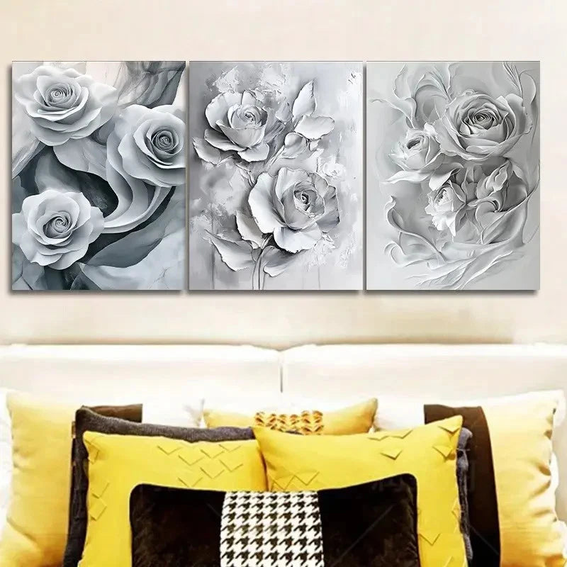 3pcs Paintings Featuring Decorating White Roses Metal Print Ready to Hang Art - Bella Home Decor