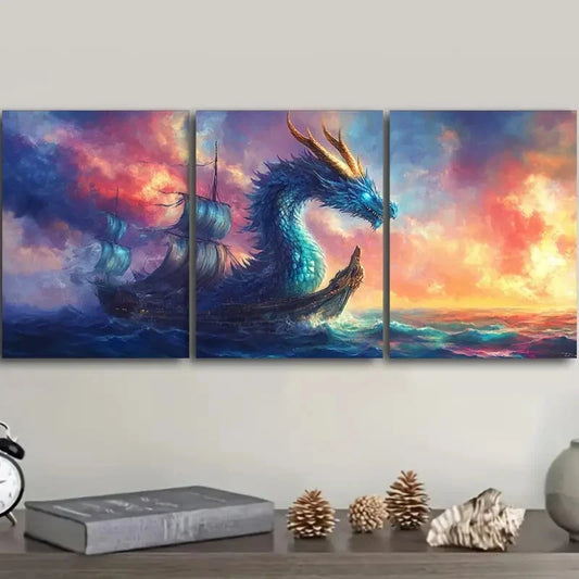 3pcs Blue Dragon on Boat Art Deco Metal Print Ready to Hang Art