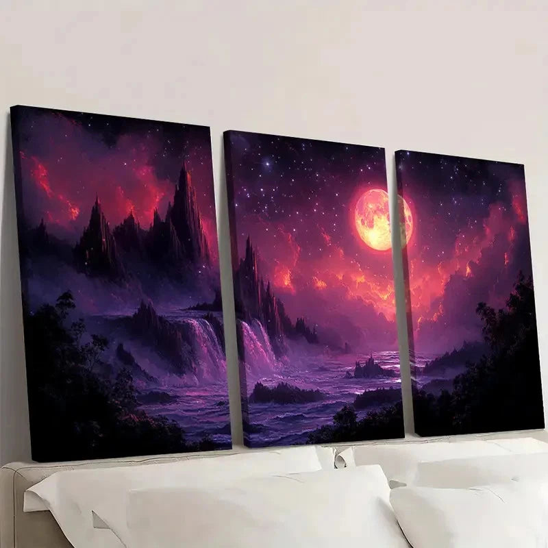 3pcs Purple and Pink Magical NM  Wall Art Set Canvas Framed 50x70cm - High Quality Print 100% Australian Made Wall Canvas Ready to Hang