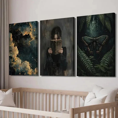 3pcs Dark Female Reading Moth & Botanical Decor Wall Art Set Canvas Framed 50x70cm - High Quality Print 100% Australian Made Wall Canvas Ready to Hang