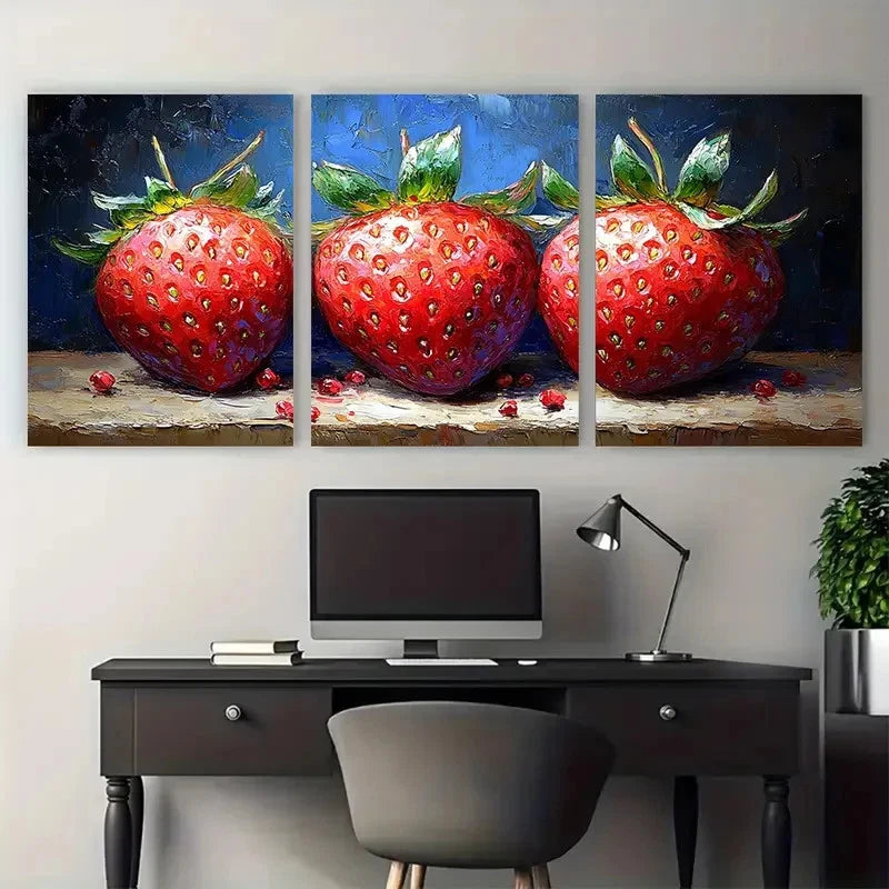 3pcs Vibrant Red & Green Strawberries Fruit Wall Art Set Canvas Framed 40x60cm - High Quality Print 100% Australian Made Wall Canvas Ready to Hang - Bella Home Decor