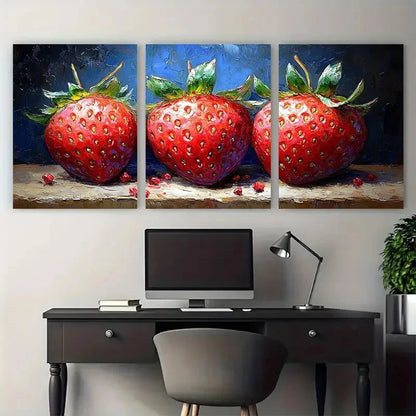 3pcs Vibrant Red & Green Strawberries Fruit Wall Art Set Canvas Framed 40x60cm - High Quality Print 100% Australian Made Wall Canvas Ready to Hang - Bella Home Decor
