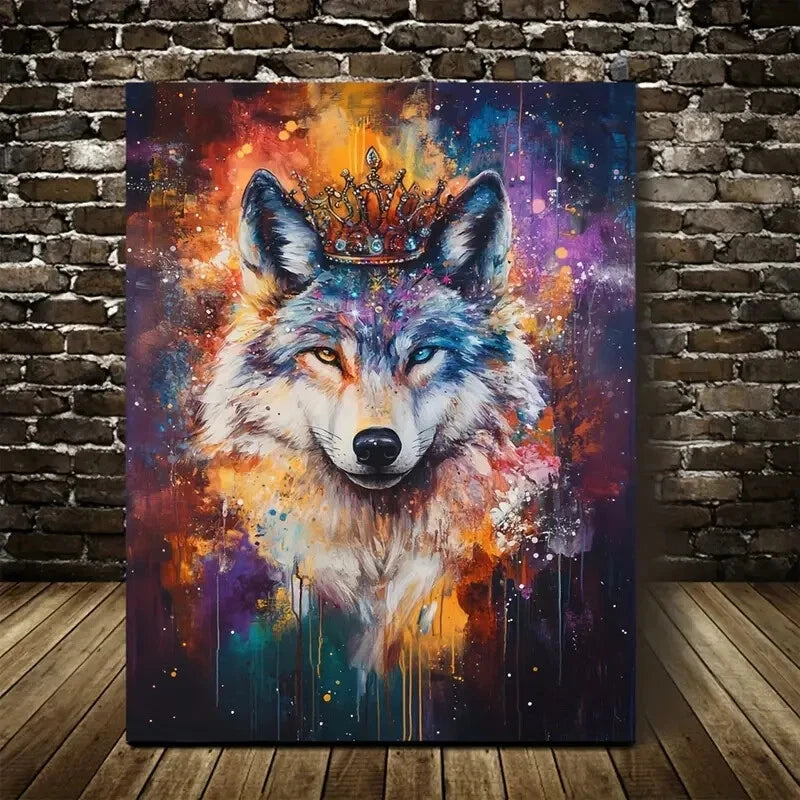 Beautiful Stardust Wolf with Crown Vibrant Painting  40x60cm Metal Print Ready to Hang - Bella Home Decor