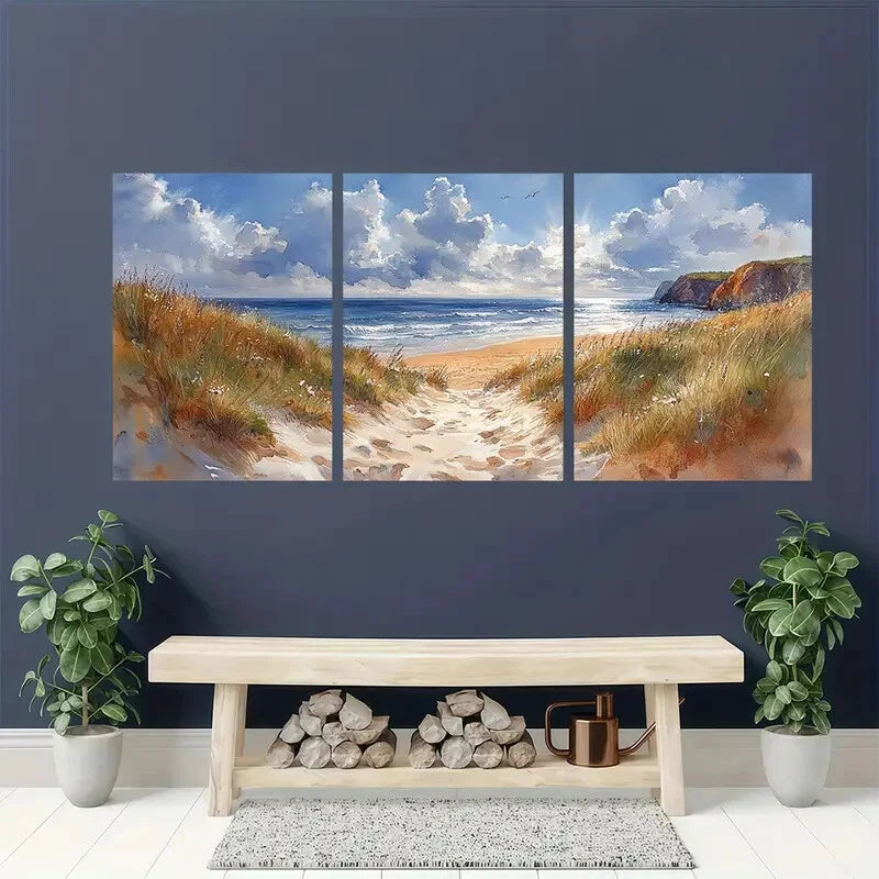 3pcs Coastal Seascape Scene Watercolor Art Metal Print Ready to Hang Art - Bella Home Decor