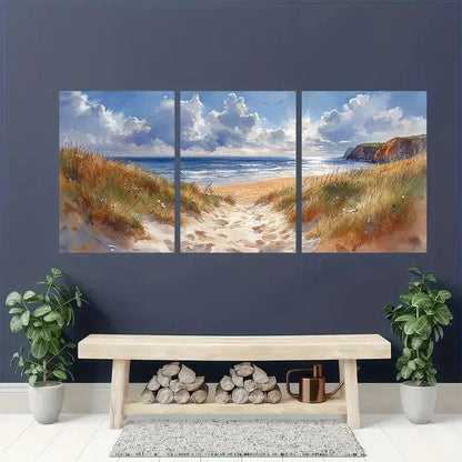 3pcs Coastal Seascape Scene Watercolor Art Metal Print Ready to Hang Art - Bella Home Decor