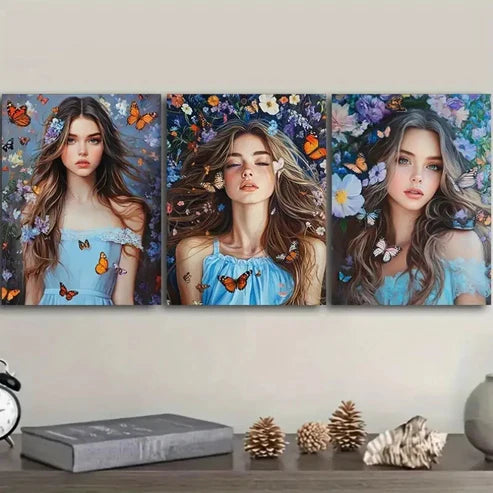 3pcs A beautiful woman with long, curly hair Wall Art Set Canvas Unframed - High Quality Print 100% Australian Made Wall Canvas - Bella Home Decor