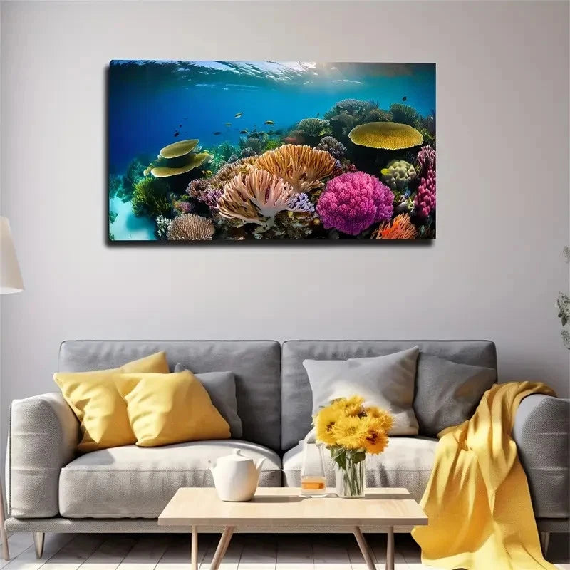 Vibrant Coral Reef Scene Wall Art Canvas Office Home Room Framed 120x60cm