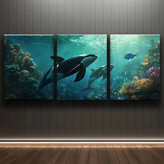 3pcs Killer Whale & Ocean Life Wall Art Set Canvas Framed 60x90cm - High Quality Print 100% Australian Made Wall Canvas Ready to Hang