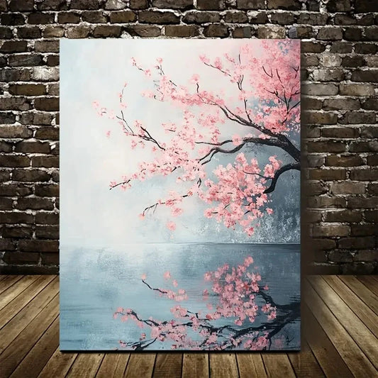 Serene Sakura Tree & Calm Lake Scene Painting 40x60cm Metal Print Ready to Hang - Bella Home Decor