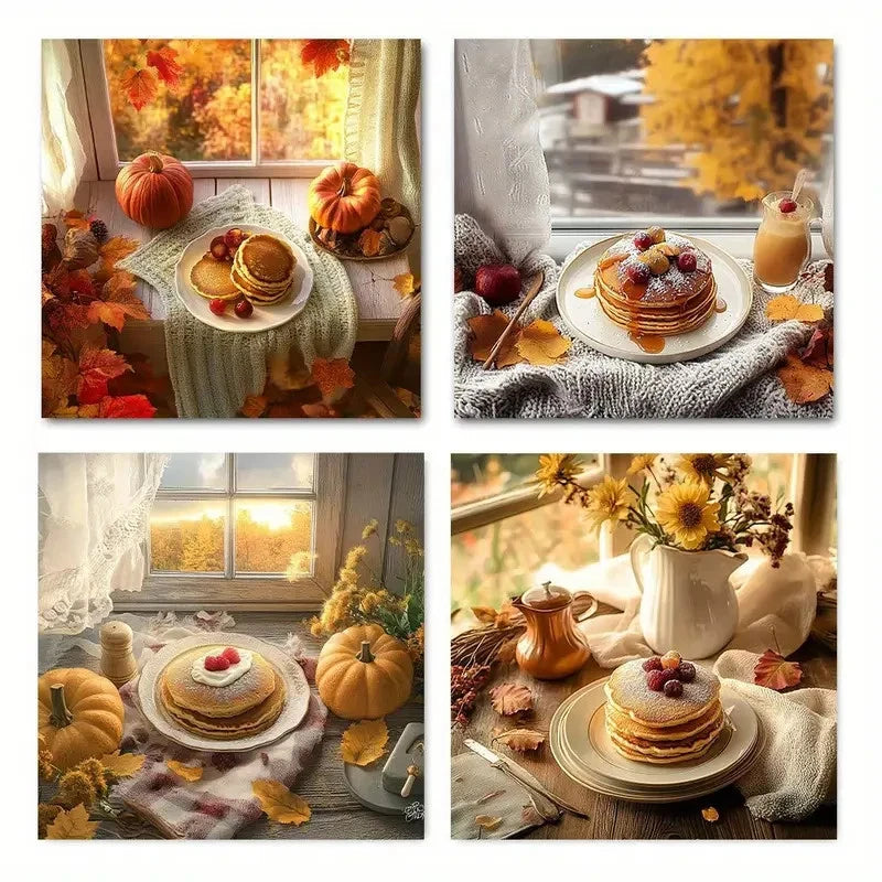 4pcs Autumn Fall Pancake Pumpkin Wall Art Canvas Framed