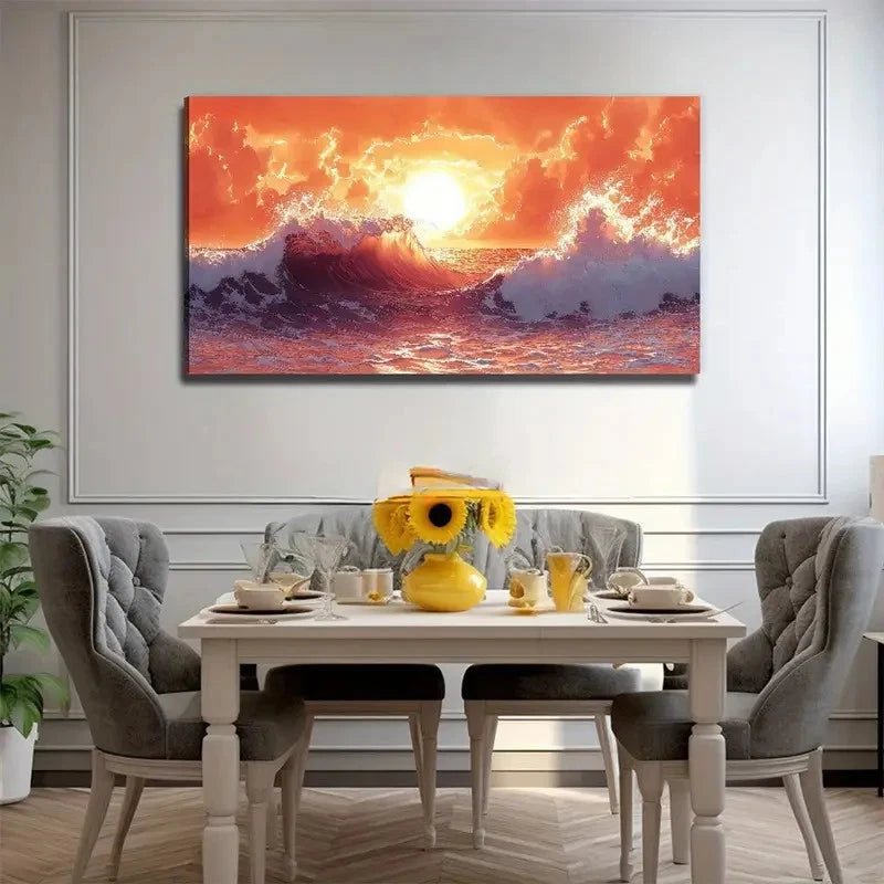 Ocean Waves Sunset Aesthetic Wall Art Canvas Office Home Room Framed 120x60cm