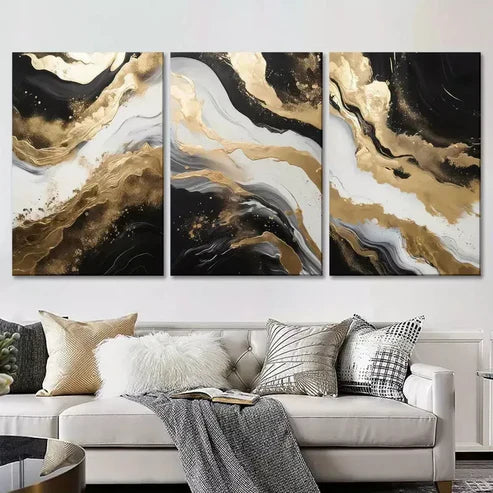 3pcs Abstract Wall Art Black and Gold Canvas Framed 60x90cm - High Quality Print 100% Australian Made Wall Canvas Ready to Hang