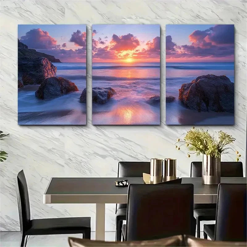3pcs Ocean Sunset at Little Fistral Beach D  Wall Art Set Canvas Framed 40x60cm - High Quality Print 100% Australian Made Wall Canvas Ready to Hang