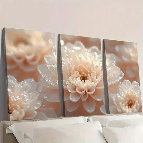 3pcs White Chrysanthemums with Water Droplets Wall Art Canvas Unframed - High Quality Print 100% Australian Made Wall Canvas