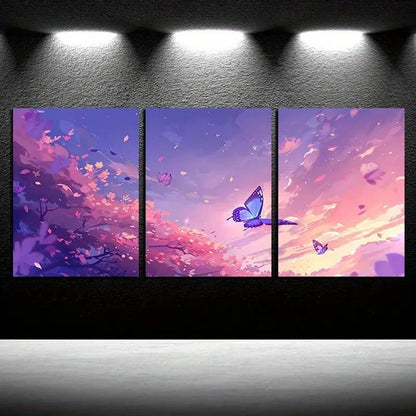 3pcs Serene Butterfly & Floral Pink Illustration Metal Print Ready to Hang Art - Bella Home Decor