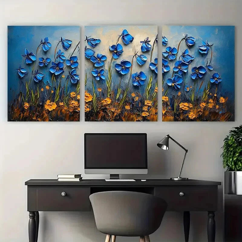 3pcs Bluebell Flowers Impasto Design Metal Print Ready to Hang Art - Bella Home Decor
